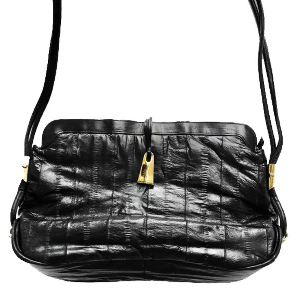 Vintage Luxe Lee Sands Eel Skin Gold Accents Bamboo Shoulder Bag
